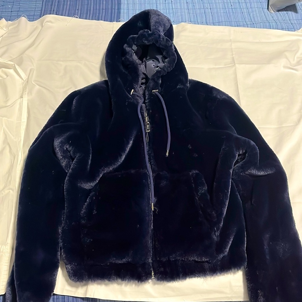 Guess Blue Cropped Fur Bomber Hoodie for Women (Size: Small)